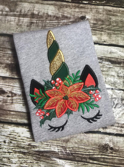 Christmas Unicorn head with floral crown applique machine embroidery designs unicorn face with snowflake