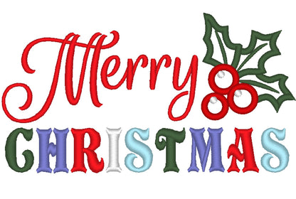 Merry Christmas Saying holly flower applique Machine Embroidery Designs