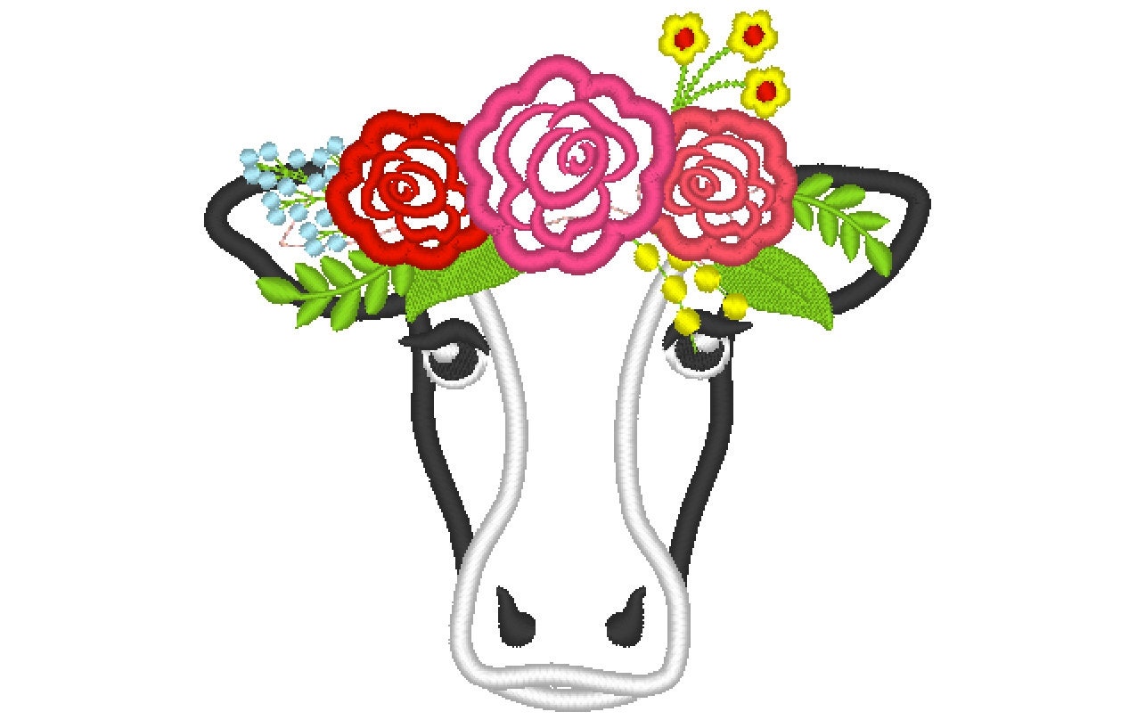 Floral Cow face with rose flower crown Farm animal Applique machine embroidery designs