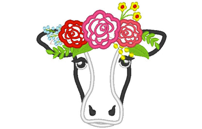 Floral Cow face with rose flower crown Farm animal Applique machine embroidery designs