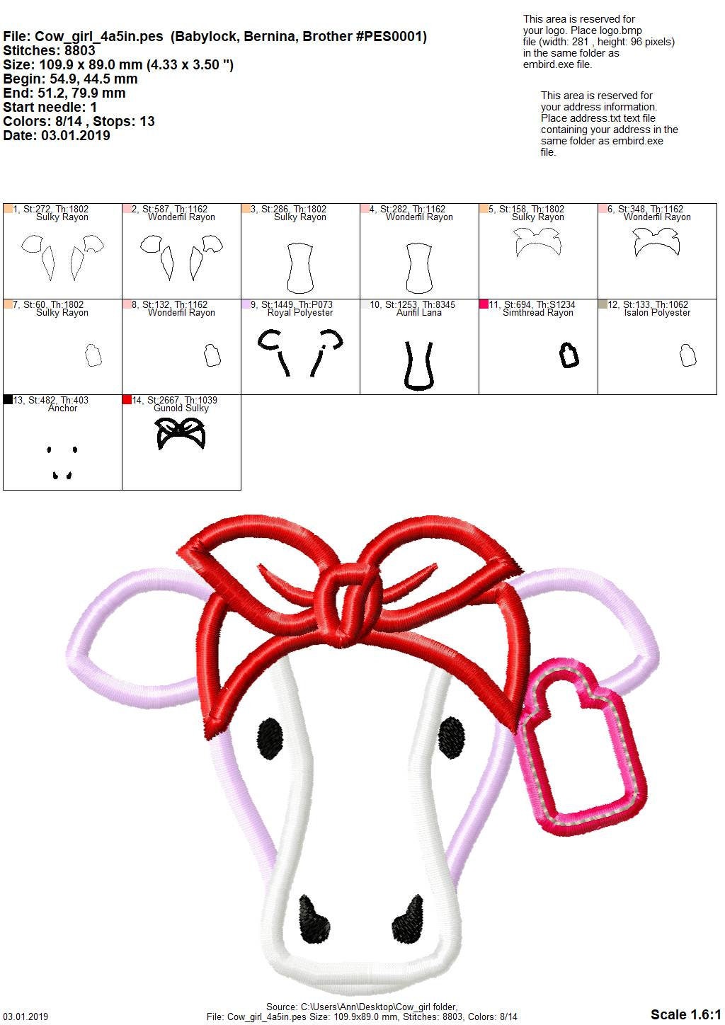 Cow with Bow Applique – Instant Download | Artapli