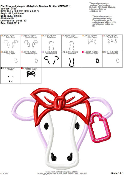 Cow with Bow Applique – Sizes 3.5" 4" 5" 6" 7" 8" Digital Embroidery File | Artapli