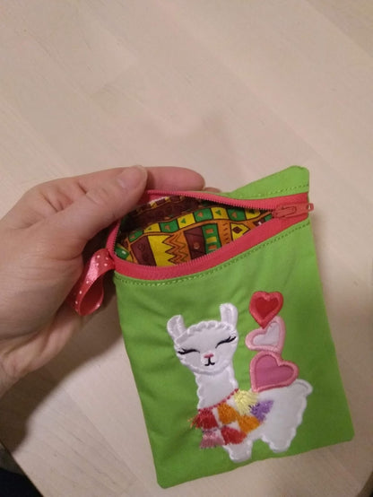 Little Llama with hearts awesome kids Pouch, Envelope Pocket Purse bag, zip bag ITH In The Hoop Machine Embroidery designs for hoop 5x7 6x10