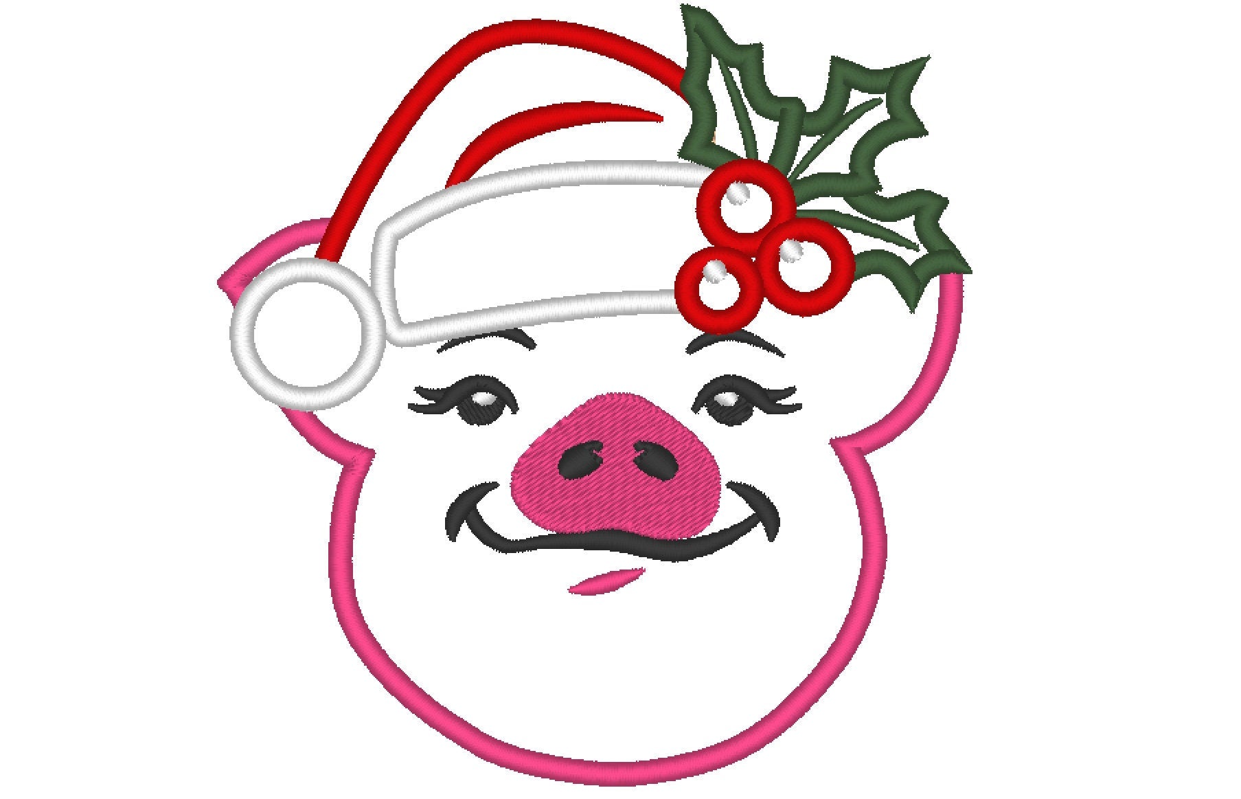Christmas Pig with Santa hat Holly flower applique farm animal machine embroidery designs