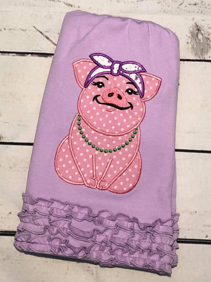 Piggie pretty pig with bandanna petite piglet girl applique machine embroidery designs