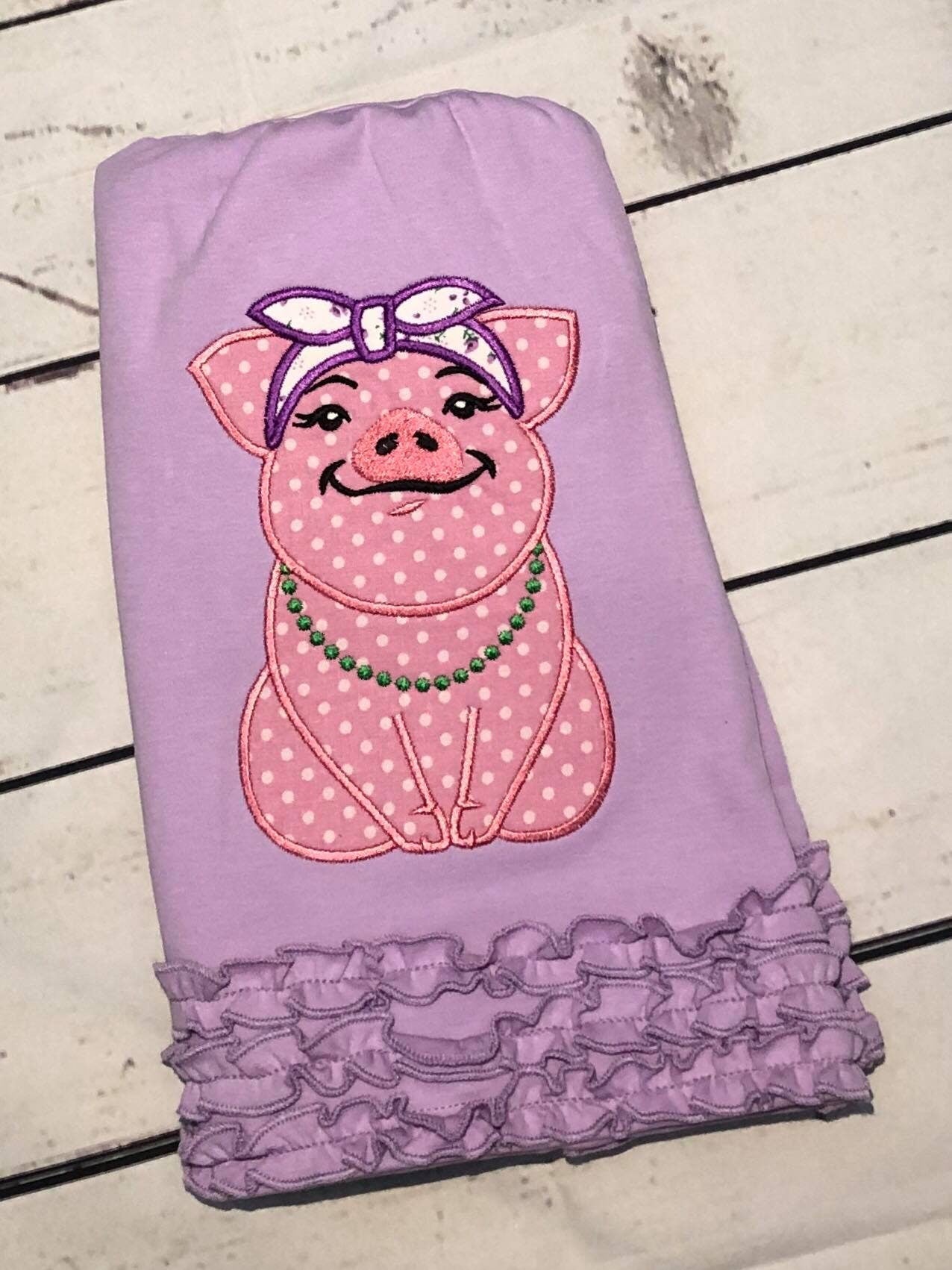 Piggie pretty pig with bandanna petite piglet girl applique machine embroidery designs