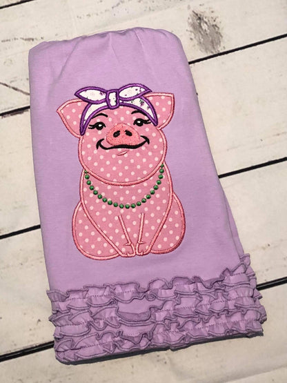 Piggie pretty pig with bandanna petite piglet girl applique machine embroidery designs