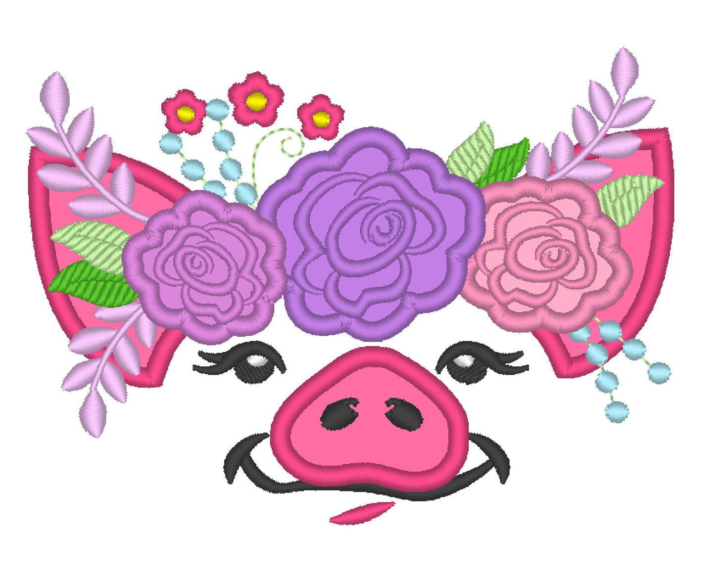 Pretty eyes Pig face with shabby chic rose floral crown Applique machine embroidery designs Piggie Piggy Piglet farm girl