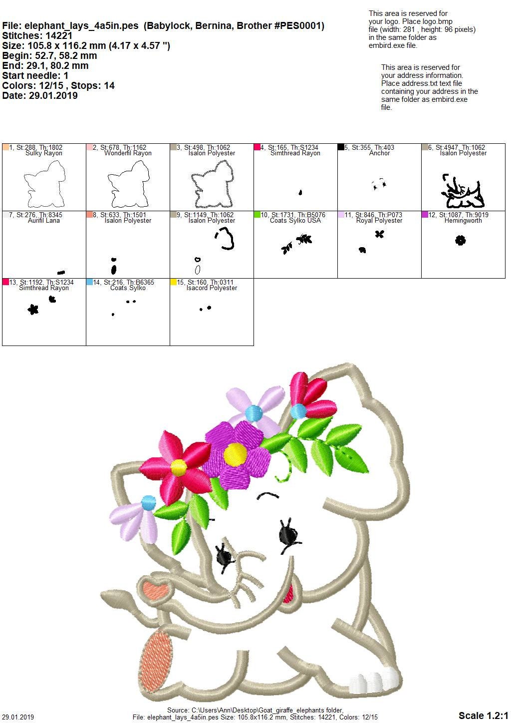 Little Elephant with Floral Crown Set of 4 Applique Machine Embroidery Designs kids baby outfit