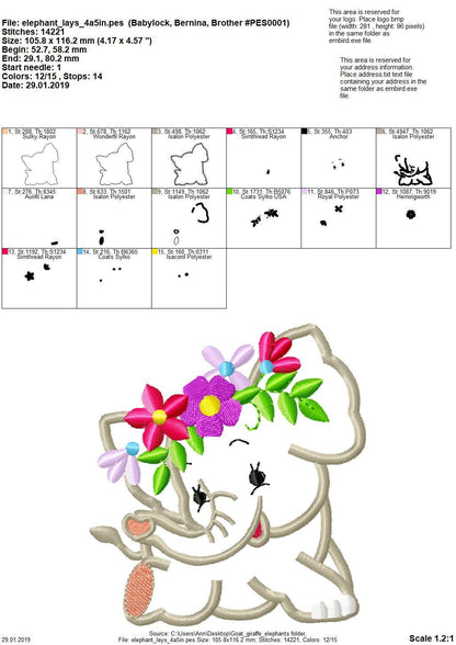 Little Elephant with Floral Crown Set of 4 Applique Machine Embroidery Designs kids baby outfit