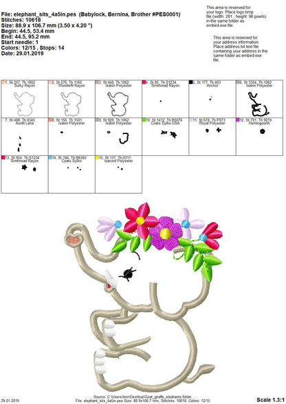 Little Elephant with Floral Crown Set of 4 Applique Machine Embroidery Designs kids baby outfit