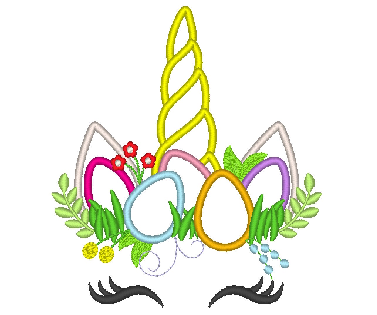 Easter unicorn, pretty eyes Unicorn head with eggs and grass crown machine embroidery applique designs Rainbow unicorn 4x4 5x7 6x10