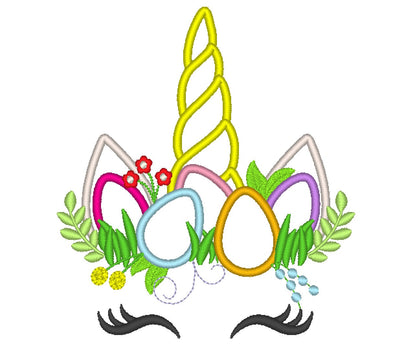 Easter unicorn, pretty eyes Unicorn head with eggs and grass crown machine embroidery applique designs Rainbow unicorn 4x4 5x7 6x10