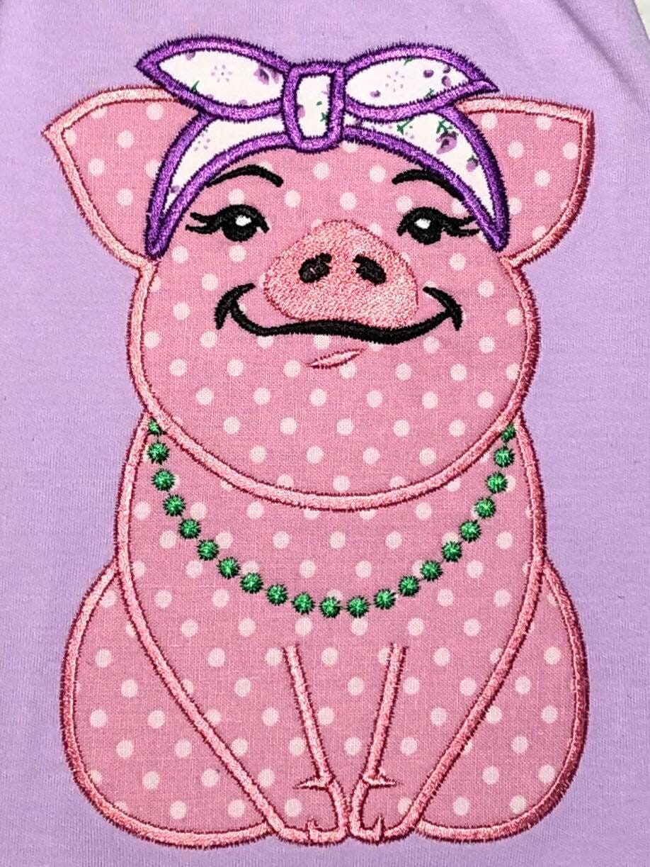 Piggie pretty pig with bandanna petite piglet girl applique machine embroidery designs