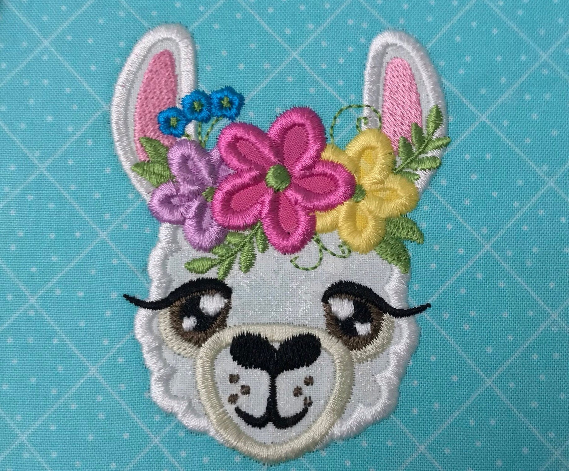 Llama alpaca face with shabby chic floral crown daisy applique machine embroidery designs