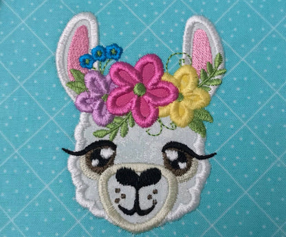 Llama alpaca face with shabby chic floral crown daisy applique machine embroidery designs