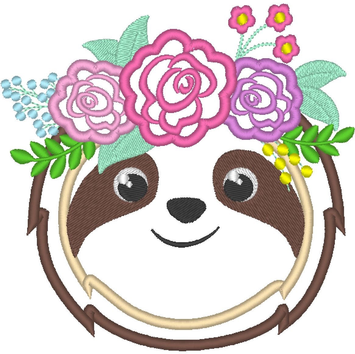 Floral Sloth pretty eyes rose bouquet applique machine embroidery designs