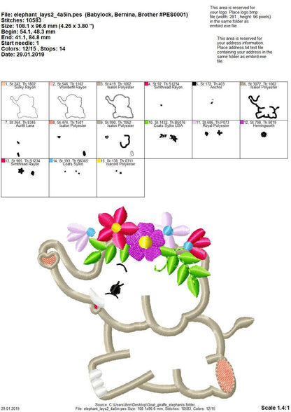 Little Elephant with Floral Crown Set of 4 Applique Machine Embroidery Designs kids baby outfit