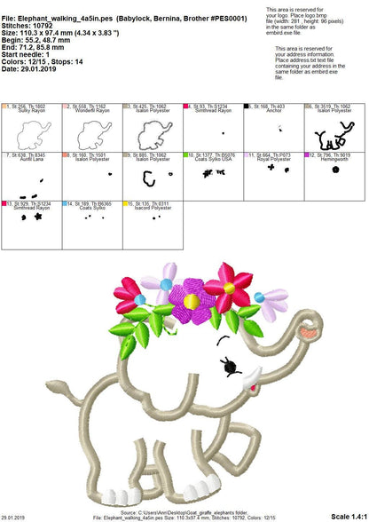 Little Elephant with Floral Crown Set of 4 Applique Machine Embroidery Designs kids baby outfit