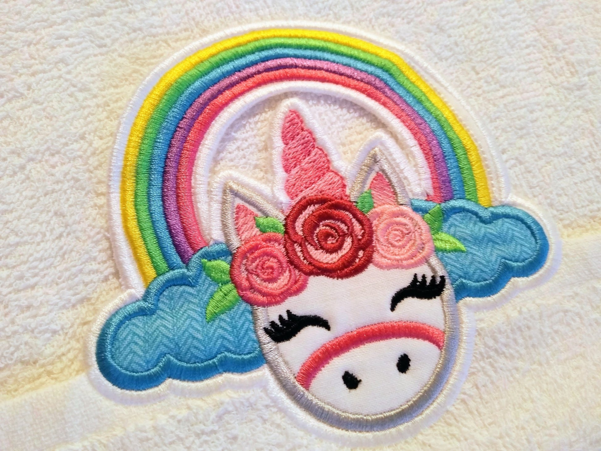 Rainbow unicorn towel hanging topper hole In The Hoop machine embroidery design, ITH project Towel topper, hanger, hanging hole embroidery