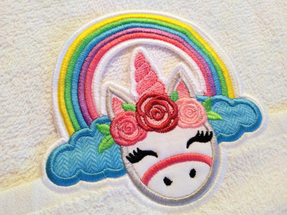 Rainbow unicorn towel hanging topper hole In The Hoop machine embroidery design, ITH project Towel topper, hanger, hanging hole embroidery