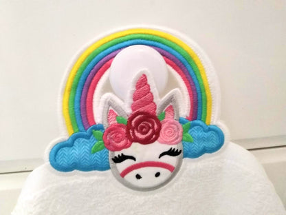 Rainbow unicorn towel hanging topper hole In The Hoop machine embroidery design, ITH project Towel topper, hanger, hanging hole embroidery