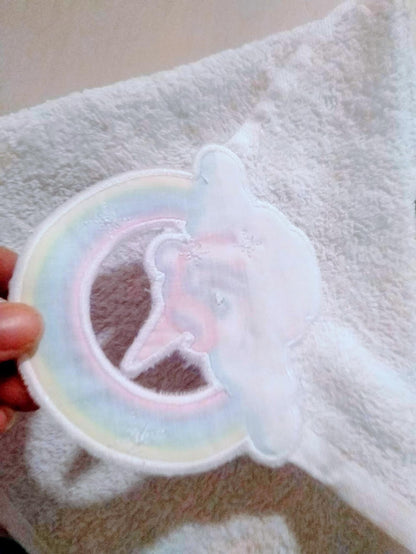 Rainbow unicorn towel hanging topper hole In The Hoop machine embroidery design, ITH project Towel topper, hanger, hanging hole embroidery