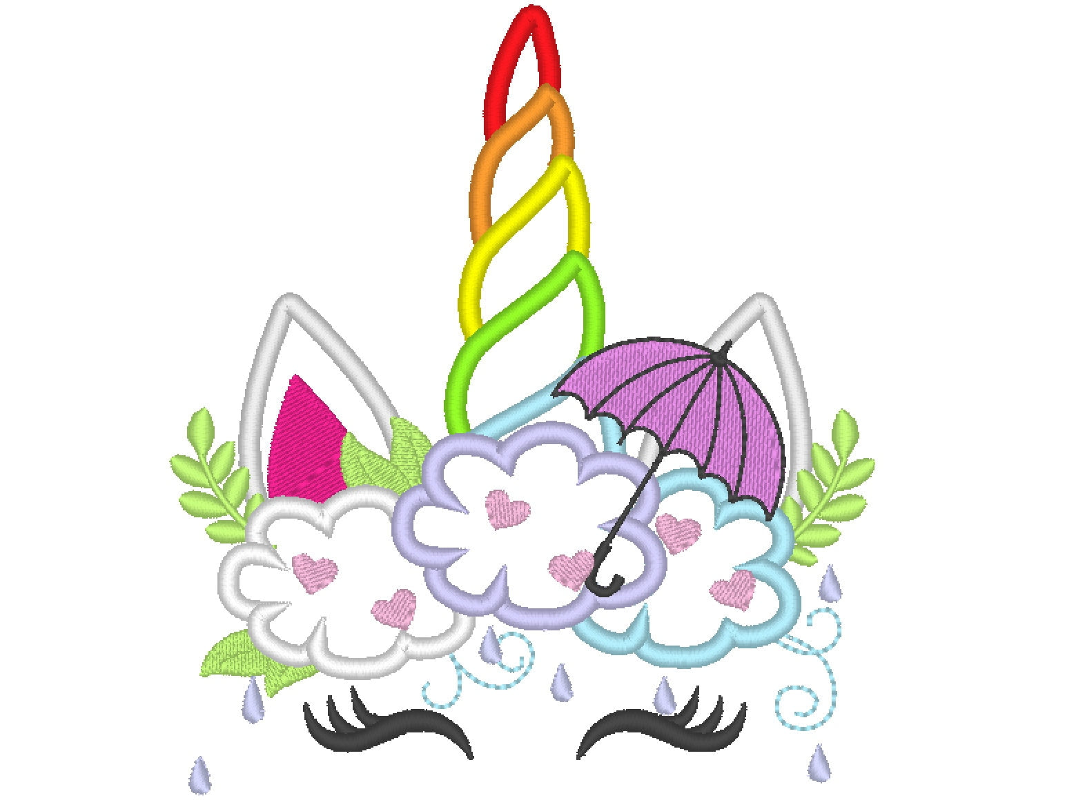Rainy Unicorn with Cloud and Umbrella Embroidery 5" 7" 6" 10" | PES DST JEF | Artapli