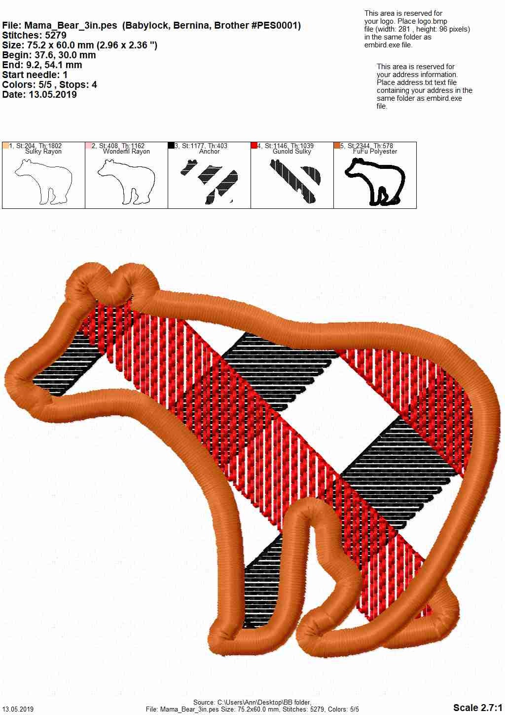 Plaid Bear Family – Appliqué machine embroidery design by Artapli