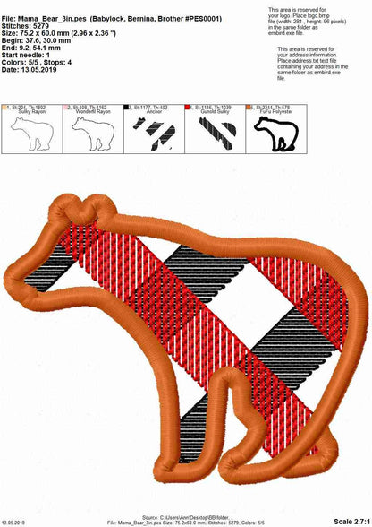 Plaid Bear Family – Appliqué machine embroidery design by Artapli