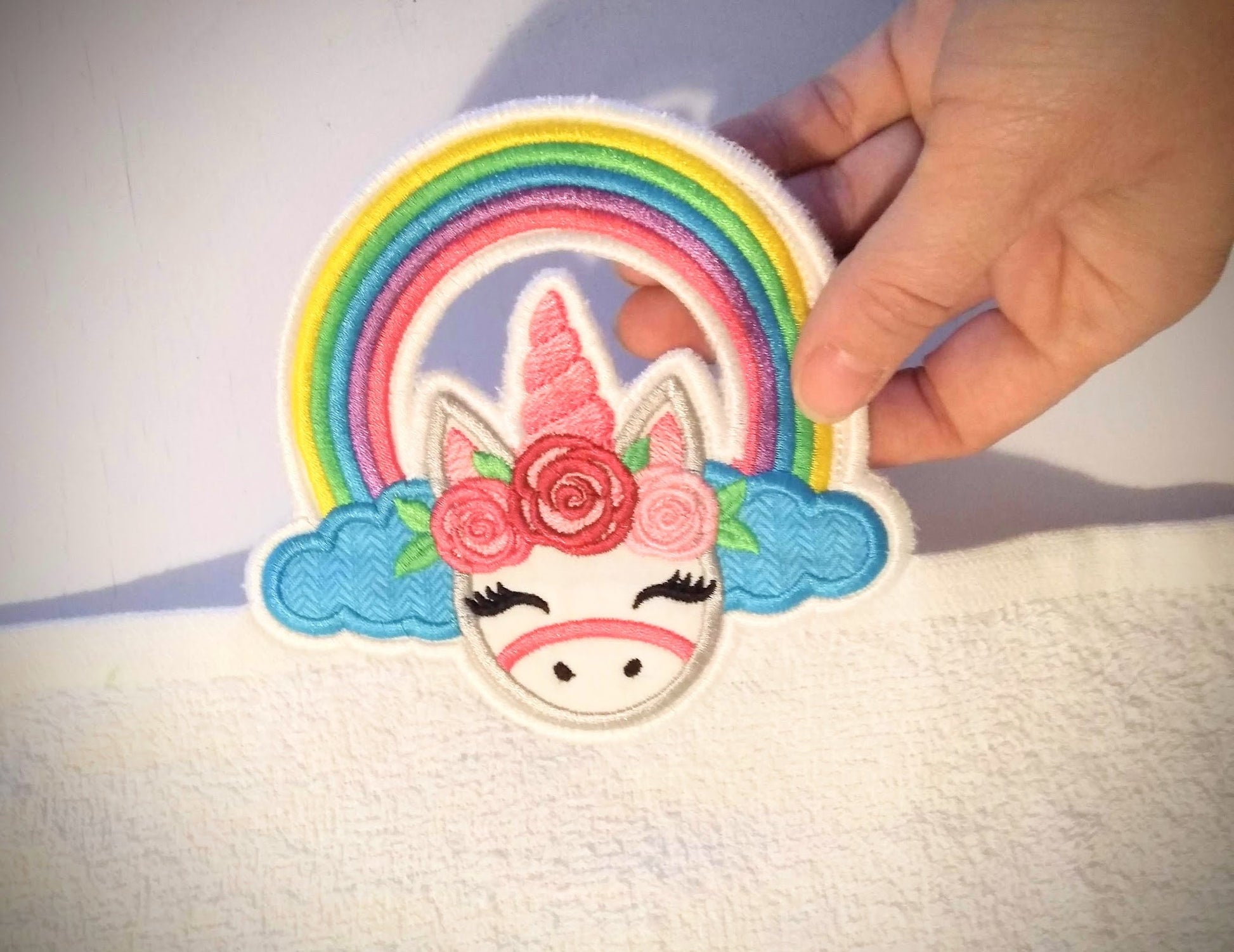 Rainbow unicorn towel hanging topper hole In The Hoop machine embroidery design, ITH project Towel topper, hanger, hanging hole embroidery