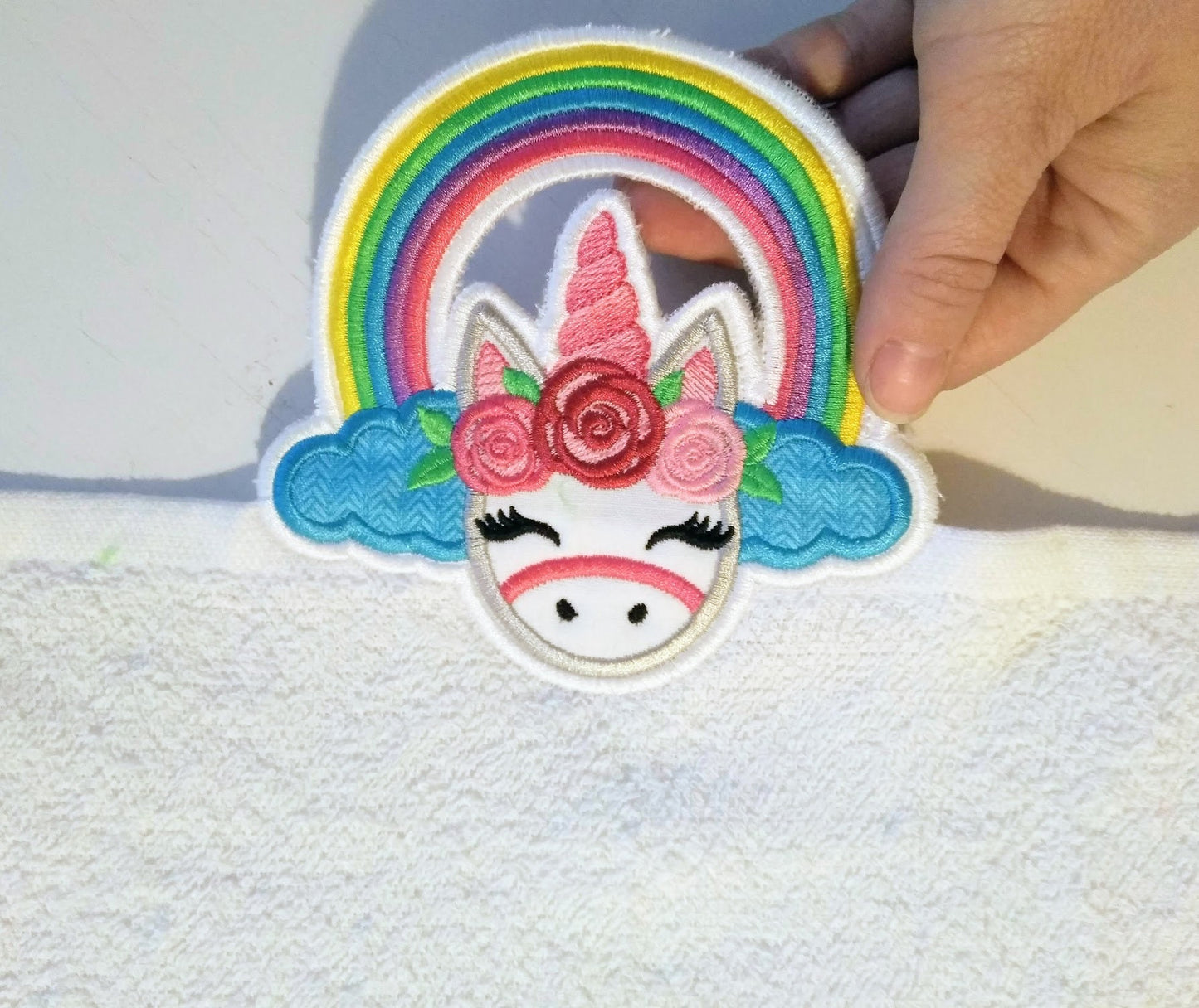 Rainbow unicorn towel hanging topper hole In The Hoop machine embroidery design, ITH project Towel topper, hanger, hanging hole embroidery