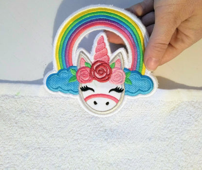 Rainbow unicorn towel hanging topper hole In The Hoop machine embroidery design, ITH project Towel topper, hanger, hanging hole embroidery