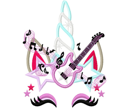 Rock music Unicorn with guitar and notes applique machine embroidery designs