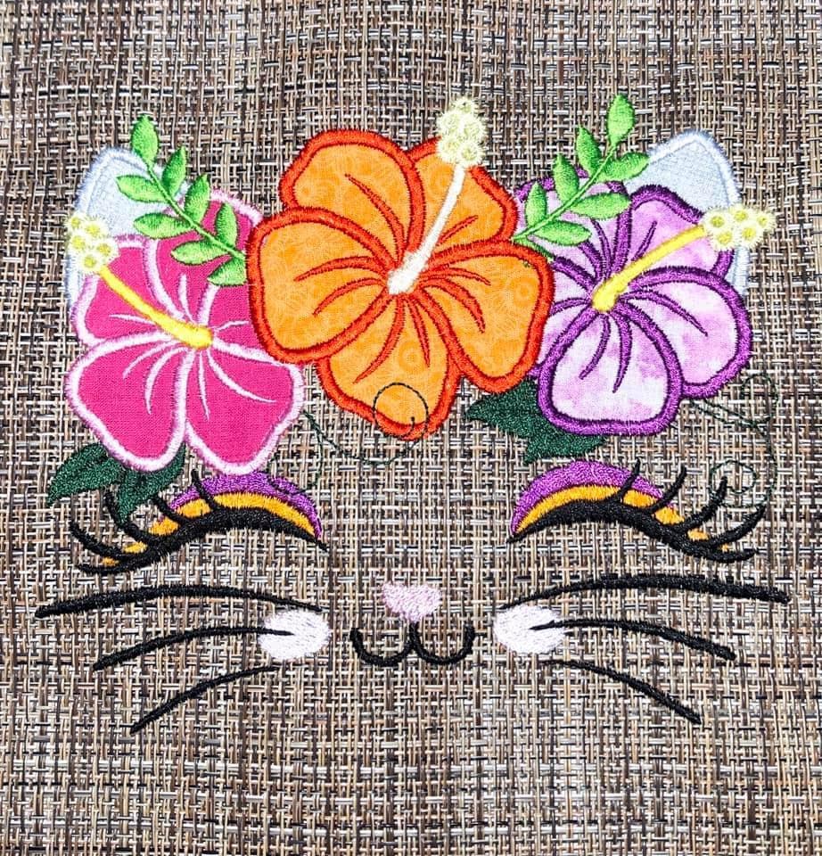 Little Kitty Cat with hibiscus flower floral crown kids girls applique machine embroidery designs