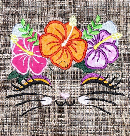 Little Kitty Cat with hibiscus flower floral crown kids girls applique machine embroidery designs