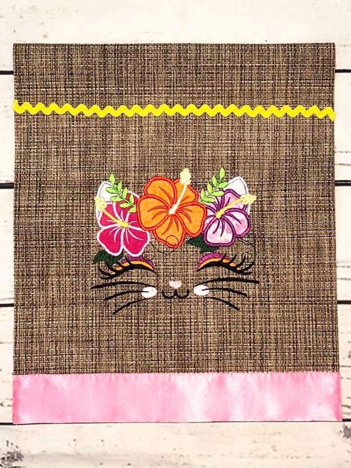 Little Kitty Cat with hibiscus flower floral crown kids girls applique machine embroidery designs