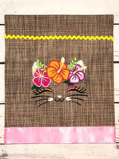Little Kitty Cat with hibiscus flower floral crown kids girls applique machine embroidery designs