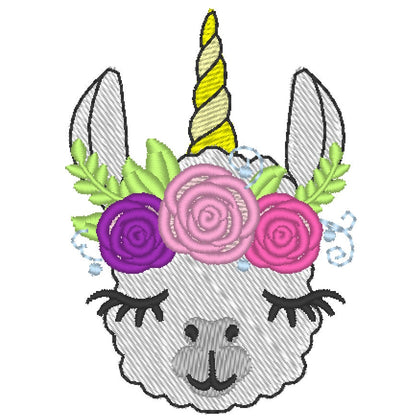 Mini Llamacorn face Llama with Unicorn horn and rose floral crown machine embroidery designs