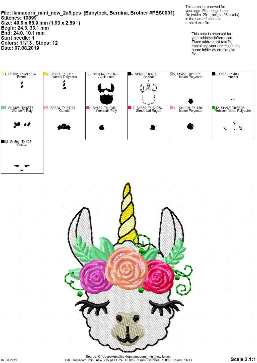 Mini Llamacorn face Llama with Unicorn horn and rose floral crown machine embroidery designs