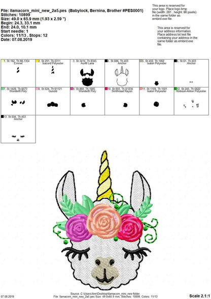 Mini Llamacorn face Llama with Unicorn horn and rose floral crown machine embroidery designs