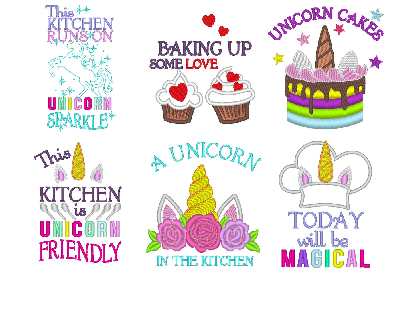 Unicorn Kids Cooking Set of 6 Machine Embroidery 4" 5" 7" | PES DST JEF | Artapli