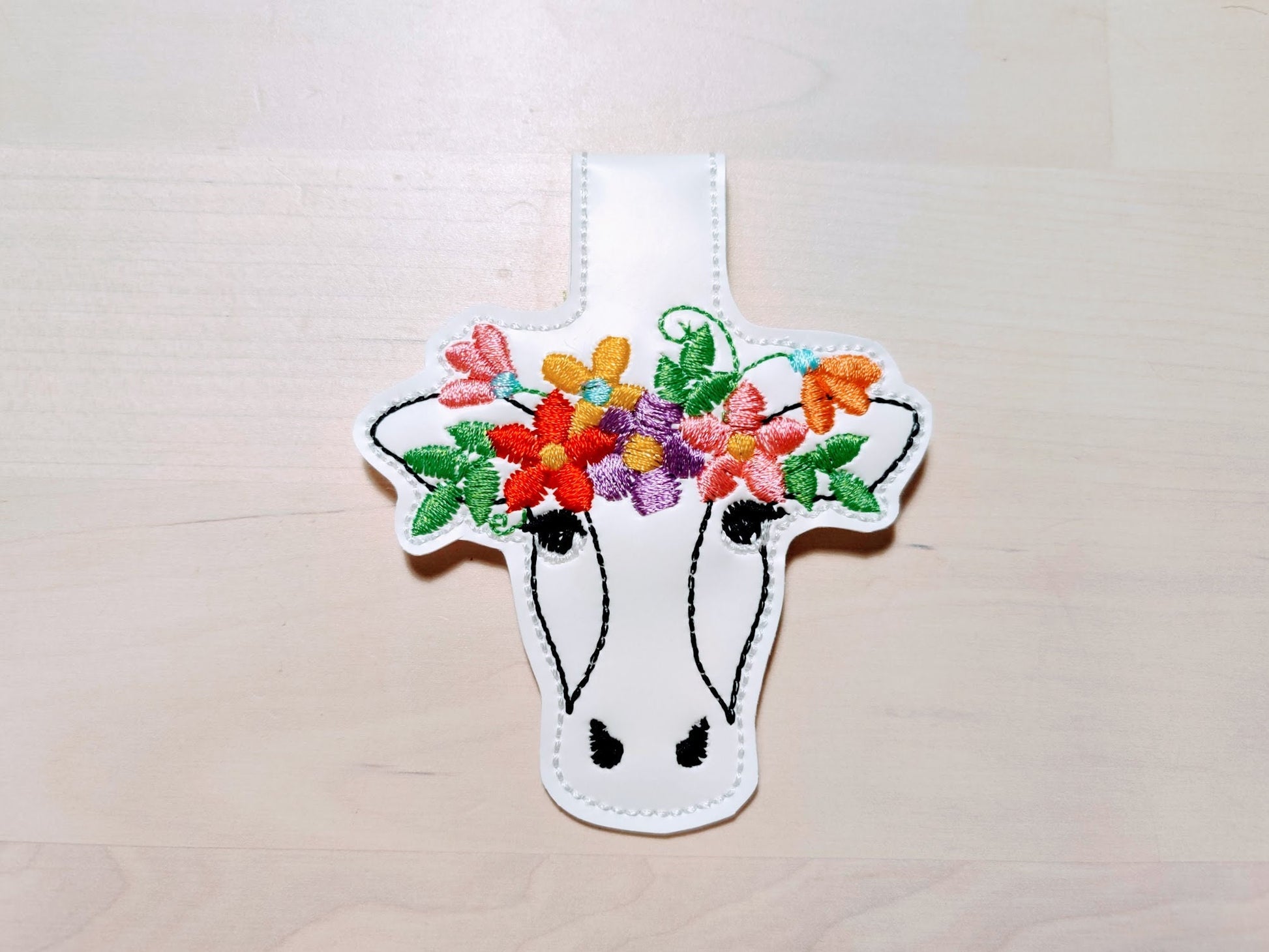Floral Cow summer farm animal with flowers keychain ITH machine embroidery designs in the hoop