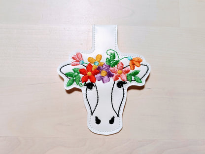 Floral Cow summer farm animal with flowers keychain ITH machine embroidery designs in the hoop