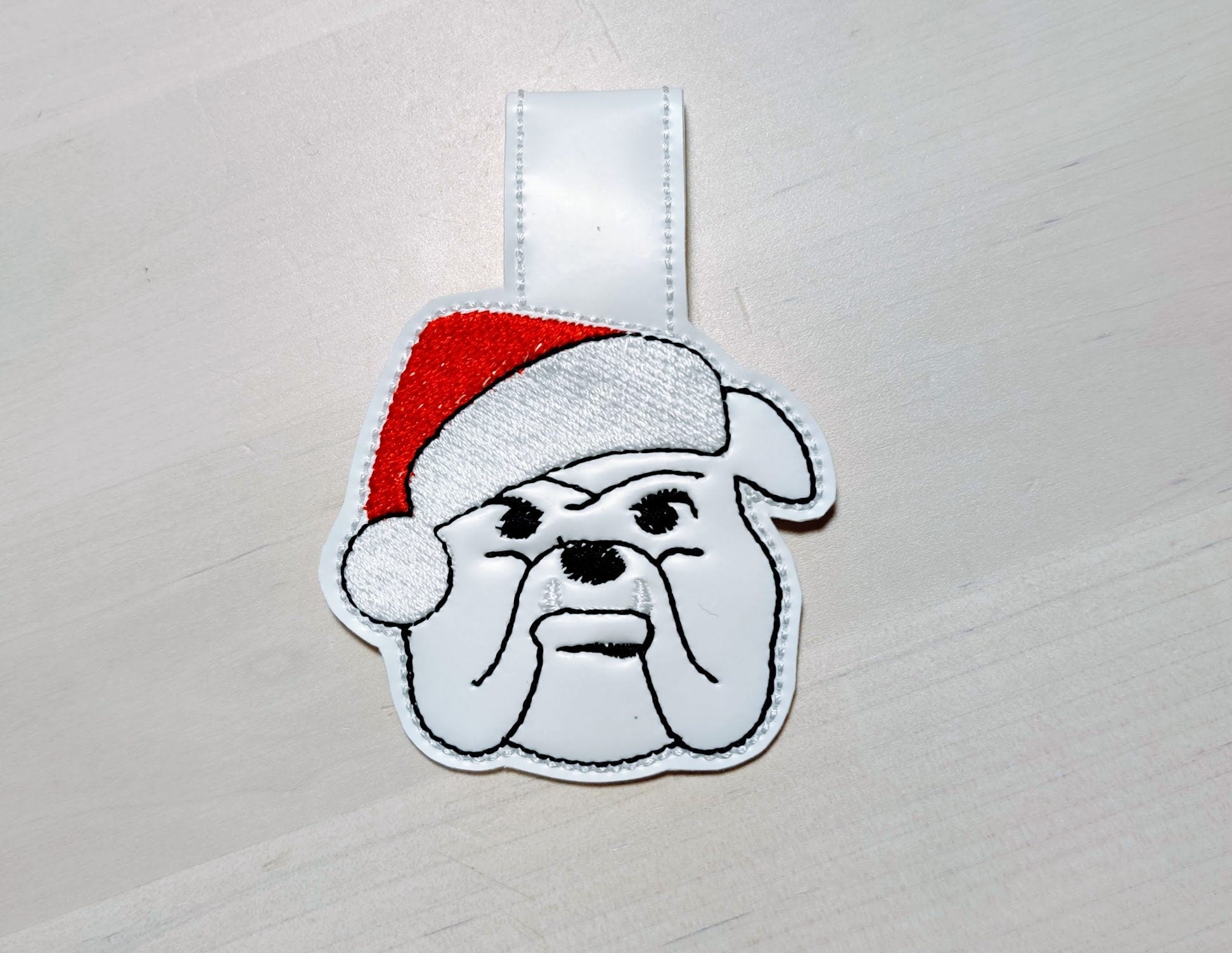Christmas bulldog, Santa hat bulldog, bulldog pet key fob snap tab ITH | Artapli - image 1