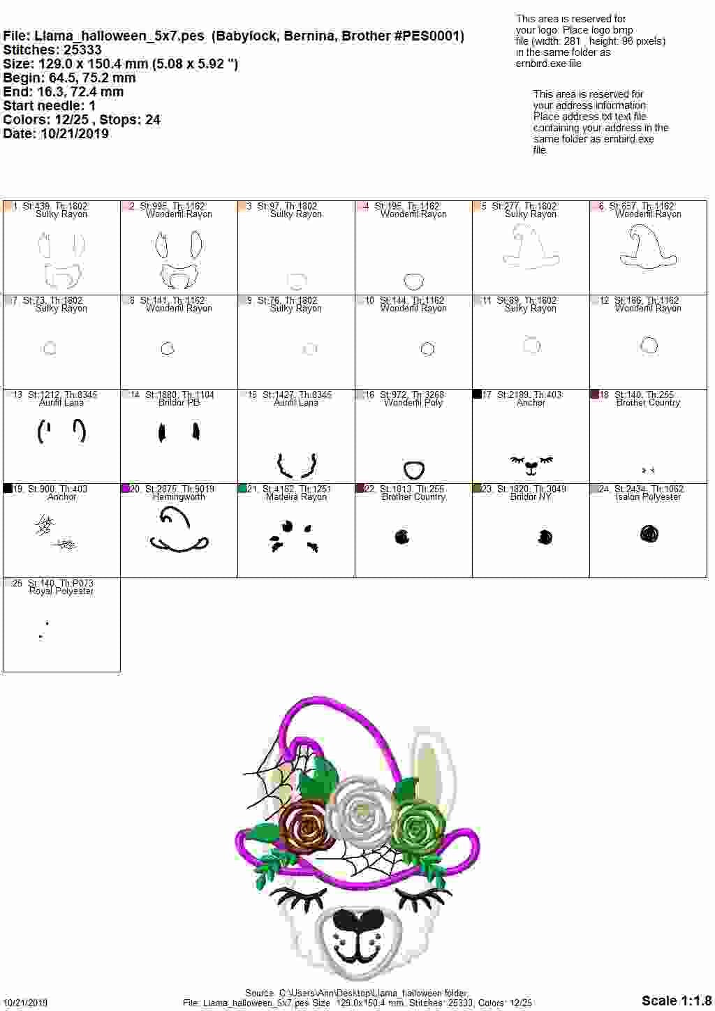 Llama Alpaca with Floral Witch Hat – Sizes 5" 7" 6" 10" Digital Embroidery File | Artapli