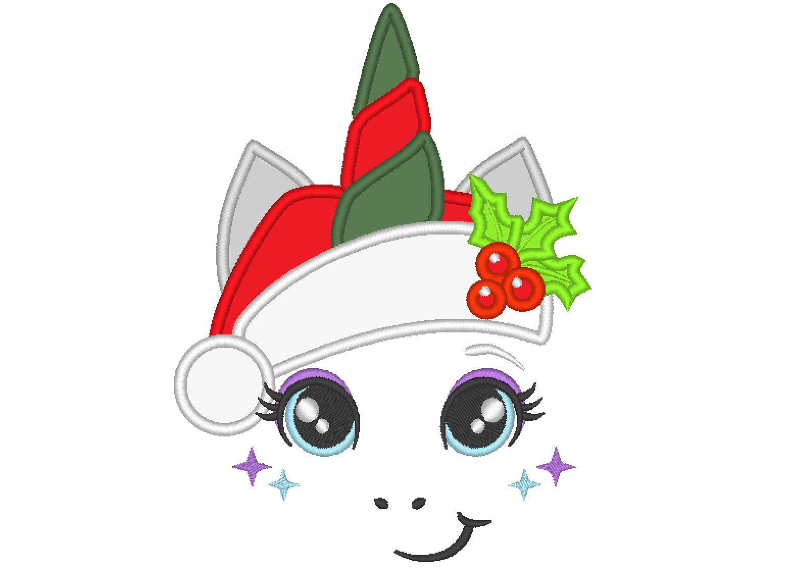 Christmas Unicorn head with Santa hat applique machine embroidery designs pretty eyes unicorn face