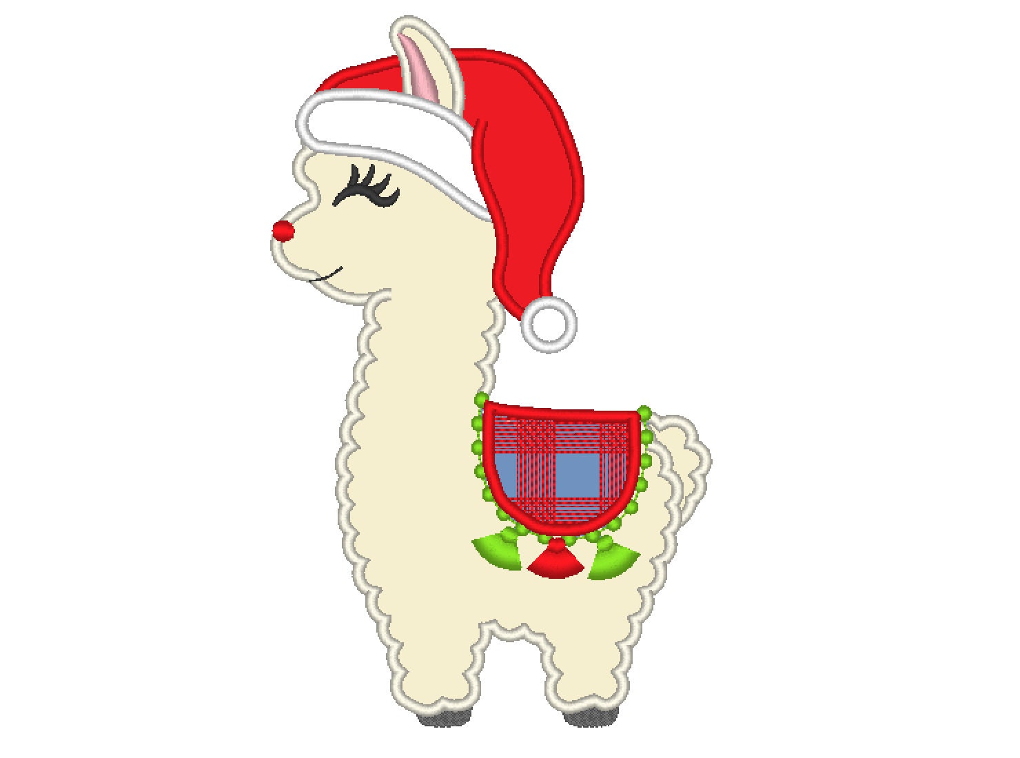 Christmas llama applique alpaca with plaid blanket and Santa hat machine embroidery designs