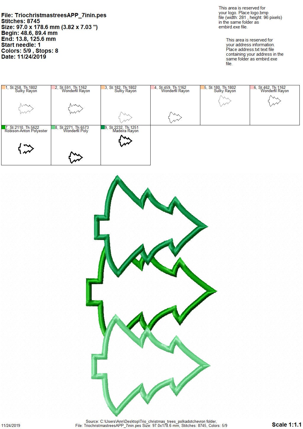 Woodland Tree Trio Applique three Christmas tree in a row machine embroidery designs