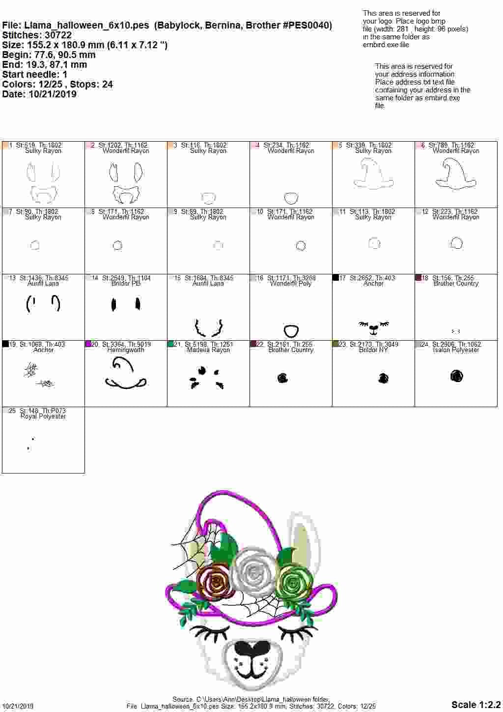 Llama Alpaca with Floral Witch Hat – Alpaca machine embroidery design by Artapli